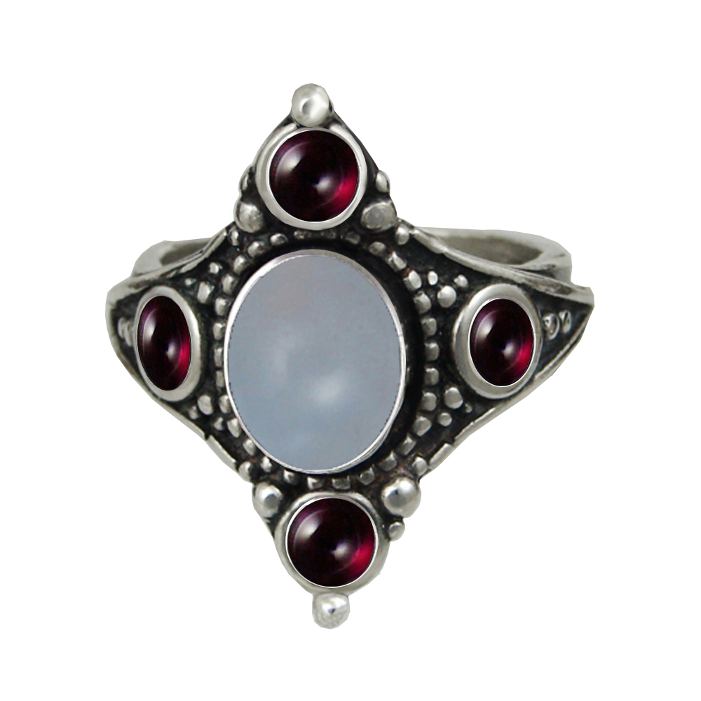 Sterling Silver Renaissance Queen's Ring With Chalcedony And Garnet Size 10